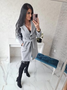 Klasyczny elegancki płaszcz Spring z paskiem - szary