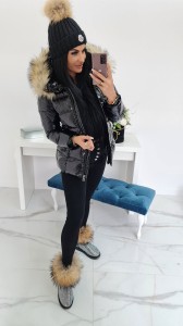 Lakierowana zimowa kurtka Maserati  z kapturemi futrem w połysku czarna