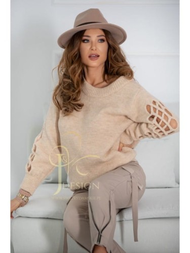 Sweter Marita ażurowy rękaw lużny krój polski producent J&K premium - beżowy