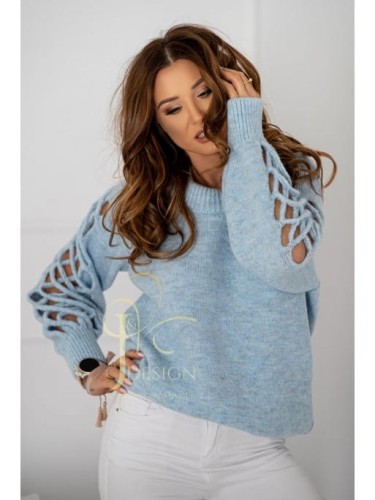 Sweter Marita ażurowy rękaw lużny krój polski producent J&K premium - błękit baby blue