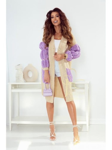 Długi kardigan sweter Norra ozdobne rękawy Polski producent J&K premium -  kremowy