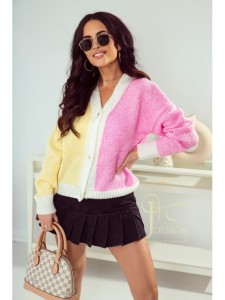 Sweter na guziki Lena polski producent J&K premium -  żólty + pudrowy róż