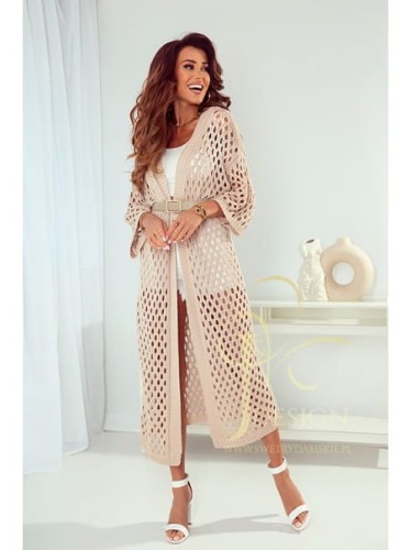 Długi kardigan ażurowy Nadia Polski producent J&K premium -  beż