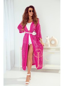 Długi kardigan ażurowy Nadia Polski producent J&K premium -  fuksja