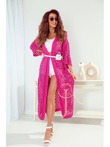 Długi kardigan ażurowy Nadia Polski producent J&K premium -  fuksja