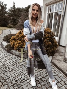 Długi sweter kardigan Sarra Polski producent J&K premium -  szary niebieski