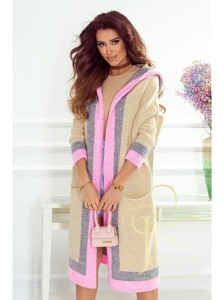 Długi kardigan sweter Agnis 3 kolory Polski producent J&K premium -  bezowy z pudrem