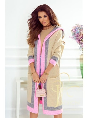 Długi kardigan sweter Agnis 3 kolory Polski producent J&K premium -  bezowy z pudrem