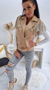 Kamizelka bezrękawnik z ekoskóry Harry z frędzlami z paskiem - mokka