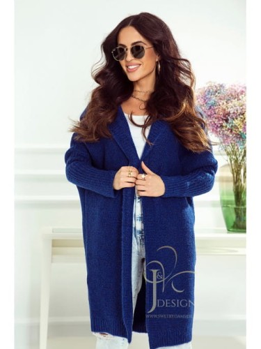 Długi sweter kardigan Beti z kapturem Polski producent J&K premium -  ciemny chaber