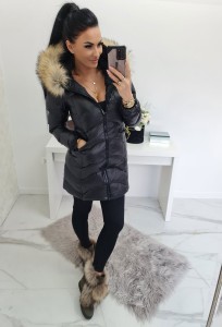 Zimowa kurtka  puchowa Santorini płaszcz z kapturem i mega futrem a'la jenot czarna  