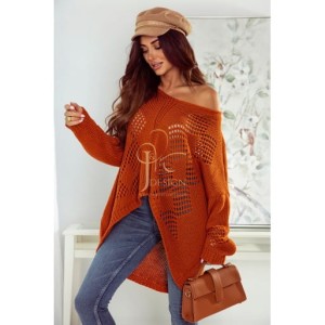 Sweter asymetryczny ażurowy Daisy oversize polski producent J&K premium - rudy pomarańcz