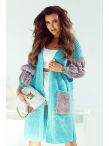 Długi kardigan sweter Norra ozdobne rękawy polski producent J&K premium - turkus 