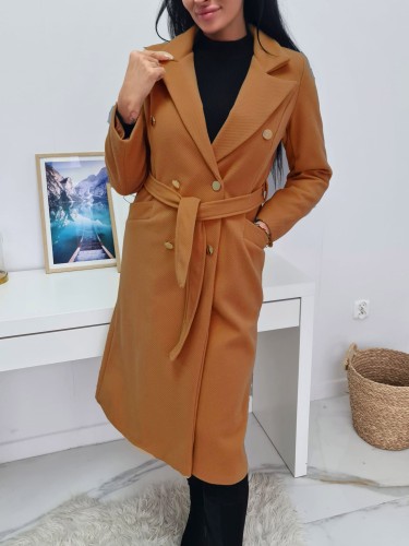 Długi płaszcz Bellissima z paskiem i złotymi guzikami - rudy