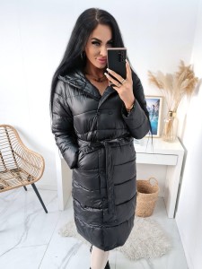 Długi jesienno - zimowy płaszcz matowy Malibu z paskiem - czarny