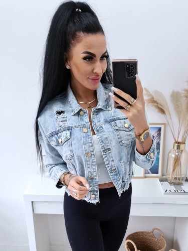 Krótka kurtka jeansowa Sorento ze ściągaczem - jasny jeans marmurek