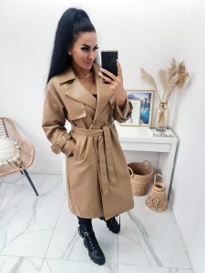 Długi płaszcz Matrix z ekoskóry z paskiem - camel