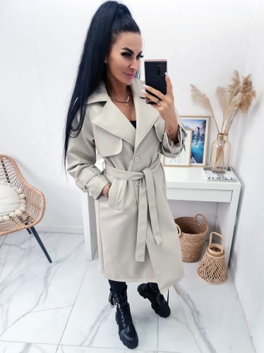 Długi płaszcz Matrix z ekoskóry z paskiem - chłodny beż