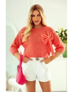 Krótki sweter Bona z kokardą polski producent J&K premium - pomarańczowy