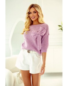 Krótki sweter Bona z kokardą polski producent J&K premium - liliowy