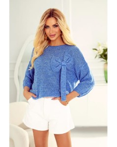 Krótki sweter Bona z kokardą polski producent J&K premium - niebieski