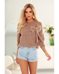 Krótki sweter Bona z kokardą polski producent J&K premium - camel