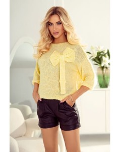 Krótki sweter Bona z kokardą polski producent J&K premium - jasny żółty