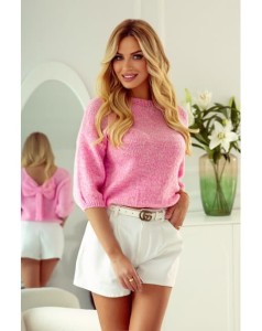 Wiosenny krótki sweter Eda z kokardą na plecach polski producent J&K premium - cukierkowy róż