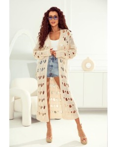 Długi kardigan Tori z dużym ażurem  Polski producent J&K premium -  kremowy