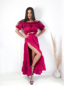 Dwuczęściowy komplet letni sukienka hiszpanka Flamenco - spódnica maxi + top by Mielczarkowski Polski produkt -  ciemna fuksja