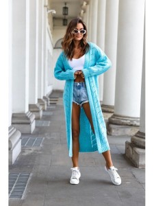 Długi sweter kardigan Lorena z ażurkiem polski producent J&K premium - turkusowy