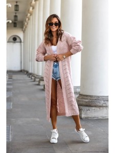 Długi sweter kardigan Lorena z ażurkiem polski producent J&K premium - brudny róż