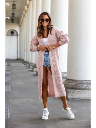 Długi sweter kardigan Lorena z ażurkiem polski producent J&K premium - brudny róż