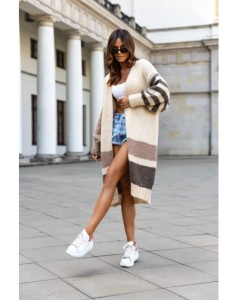 Długi sweter kardigan Doda w paski trikolor polski producent J&K premium - kremowy