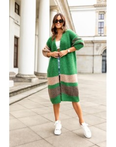 Długi sweter kardigan Doda w paski trikolor polski producent J&K premium - zielony