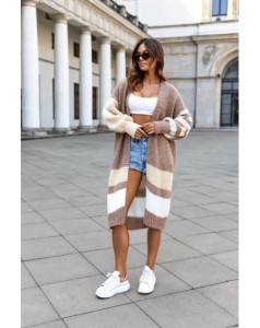 Długi sweter kardigan Doda w paski trikolor polski producent J&K premium - cappuccino