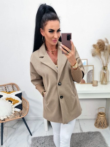 Elegancki włoski długi płaszcz Serano w prążek z długimi ściągaczami - camel