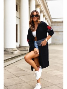 Długi wiązany sweter kardigan Rosa polski producent J&K premium - czarny