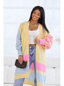 Długi sweter kardigan Doda w paski trikolor polski producent J&K premium - jasno żółty