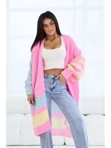 Długi sweter kardigan Doda w paski trikolor polski producent J&K premium - różowy