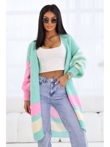 Długi sweter kardigan Doda w paski trikolor polski producent J&K premium - miętowy