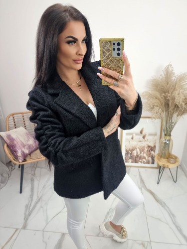 Marynarka płaszcz Volare baranek bukla z marszczeniem - czarne