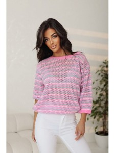 Krótki sweter Adelo w paseczki  polski produkt J&K premium - różowy