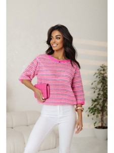 Krótki sweter Adelo w paseczki  polski produkt J&K premium - fuksja