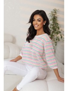 Krótki sweter Adelo w paseczki  polski produkt J&K premium - ecru