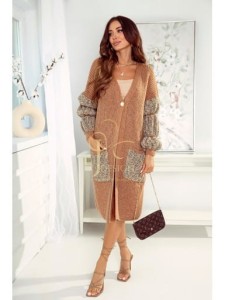 Długi kardigan sweter Norra ozdobne rękawy Polski producent J&K premium - kamel