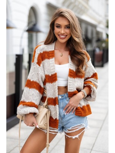 Krótki rozpinany kardigan sweter Axos w paski polski producent J&K premium - beż + orange