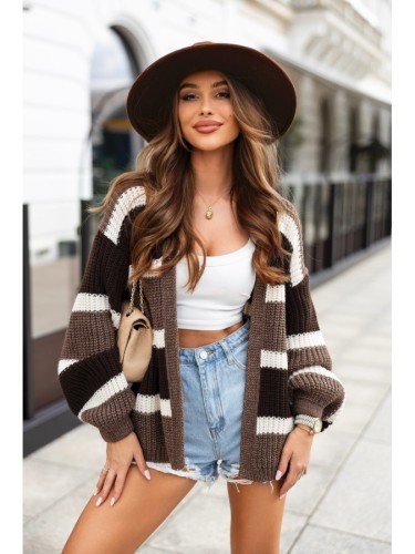 Krótki kardigan sweter oversize Ritmo w paski polski producent J&K premium - cappuccino