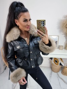 Ocieplana  kurtka ramoneska Furora z miękkiej ekoskóry z futerkiem - czarna