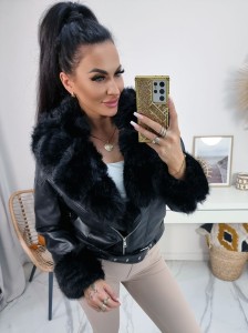 Ocieplana kurtka ramoneska Iceland z ekoskóry na misiu z kołnierzem i futrem - czarna